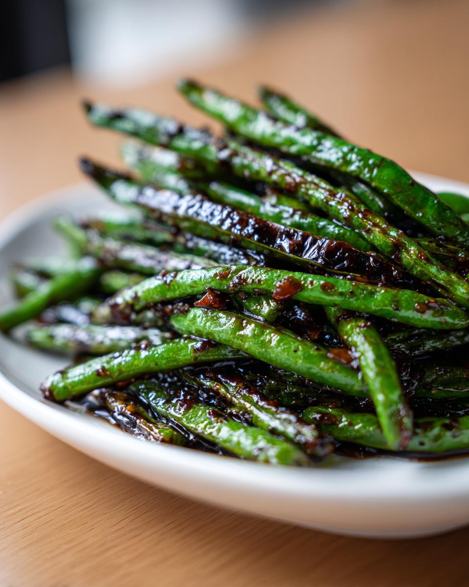 A close-up of bright green, blistered chinese green beans with garlic sauce piled on a white dish.