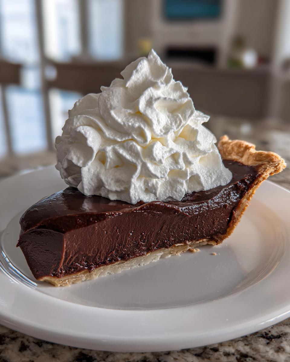 A thick slice of rich chocolate cream pie topped with a generous swirl of whipped cream, served on a white plate.