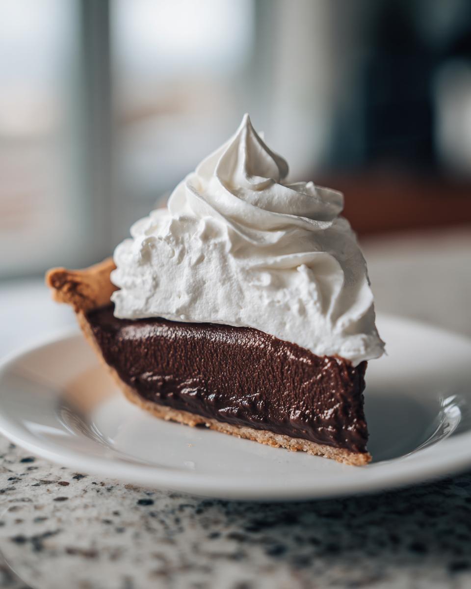 A decadent slice of Chocolate Cream Pie featuring rich dark filling and a tall swirl of whipped cream.