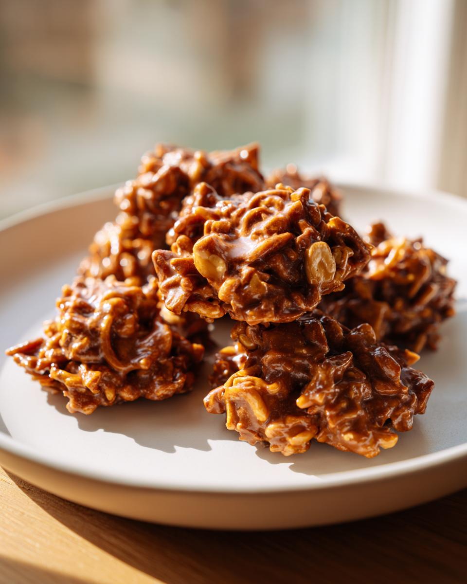 A stack of glossy, rich brown haystack cookies made with chow mein noodles and peanuts on a light plate.