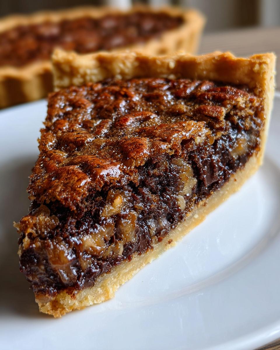 A close-up slice of decadent chocolate pecan pie showing a dark, gooey filling and flaky crust on a white plate.