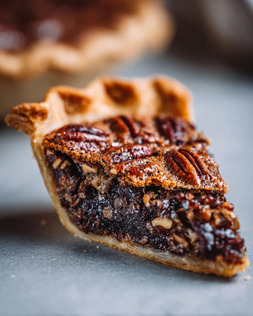 A close-up, macro shot of a slice of chocolate pecan pie showing the gooey filling and whole pecans on top.