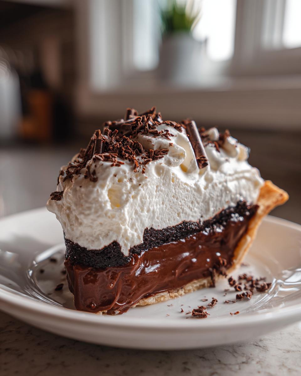 A decadent slice of Christmas chocolate cream pie featuring rich filling, dark crust, and tall whipped cream topped with chocolate shavings.
