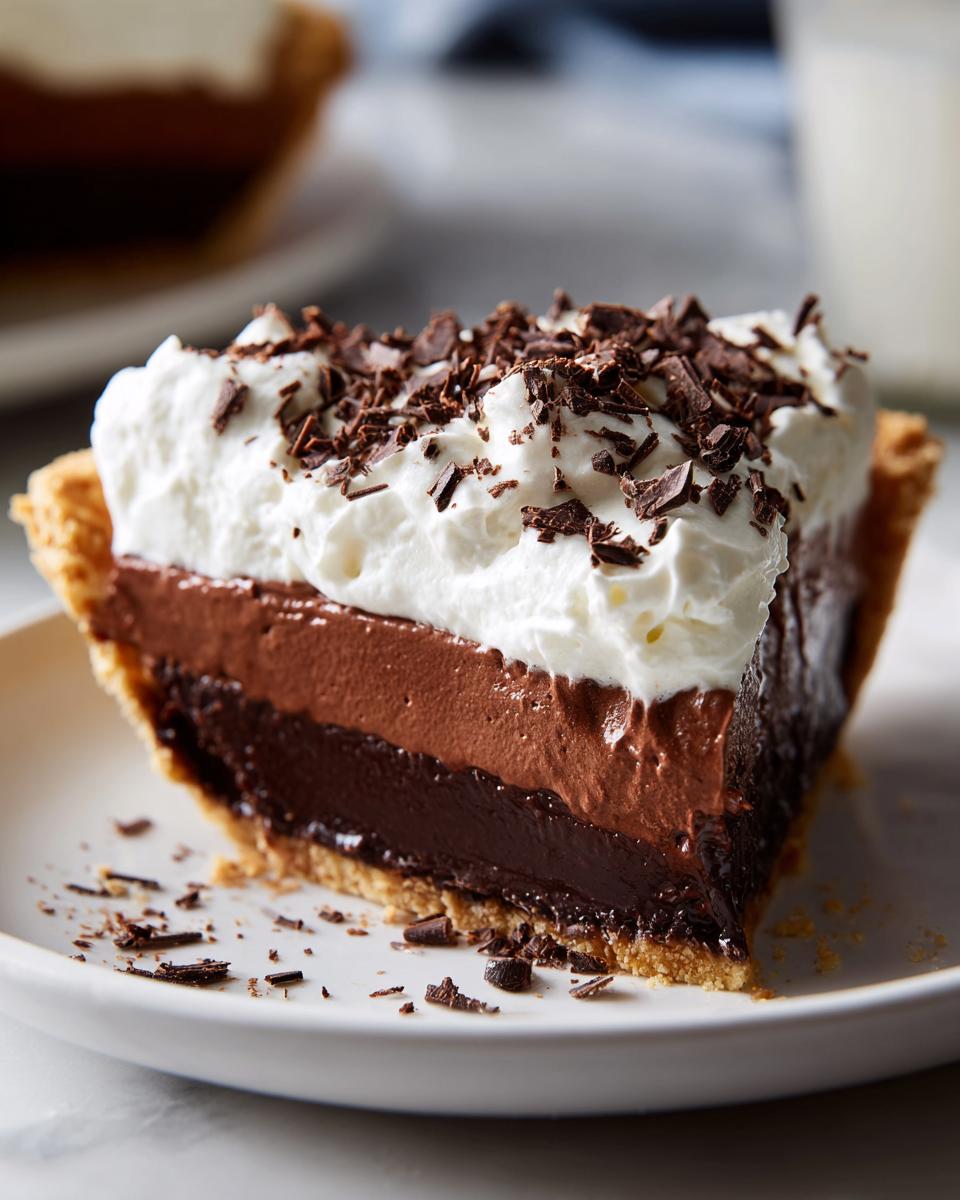 A close-up slice of Christmas chocolate cream pie featuring two layers of chocolate filling, topped with whipped cream and chocolate shavings.