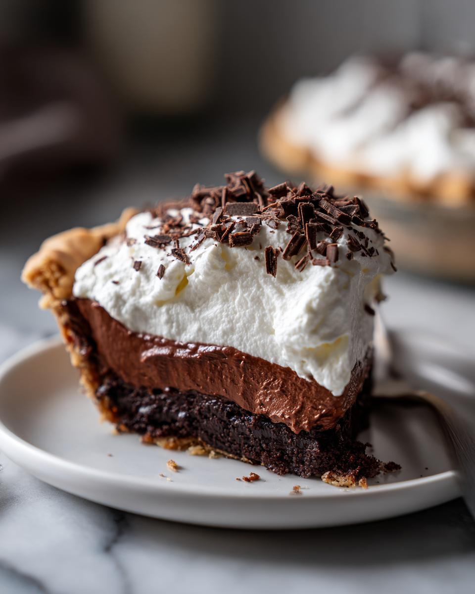 Close-up of a slice of Christmas chocolate cream pie featuring a dark crust, rich chocolate filling, whipped cream, and chocolate shavings.
