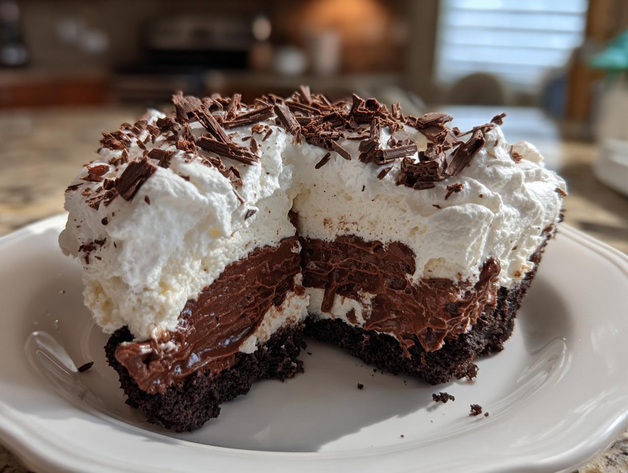 A cross-section view of a rich Christmas chocolate cream pie slice showing layers of dark crust, chocolate filling, and white whipped cream topped with shavings.