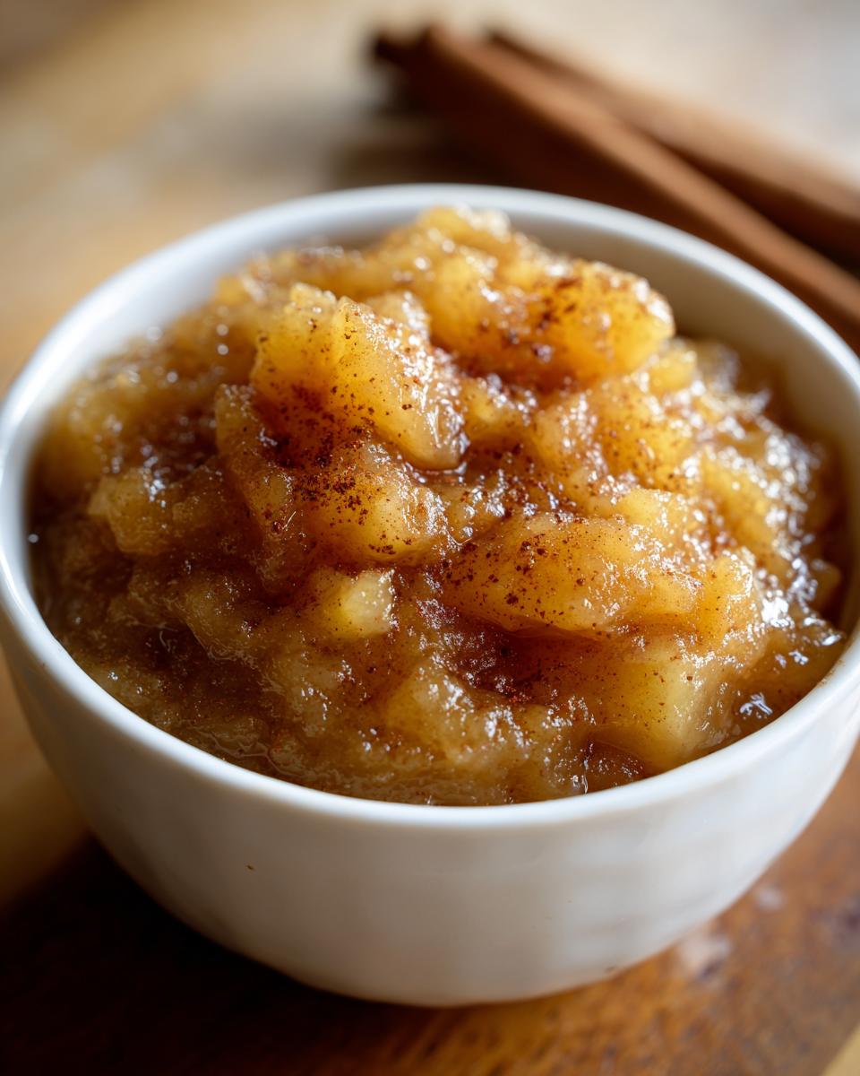 Close-up of chunky, homemade applesauce sprinkled with cinnamon in a white bowl.