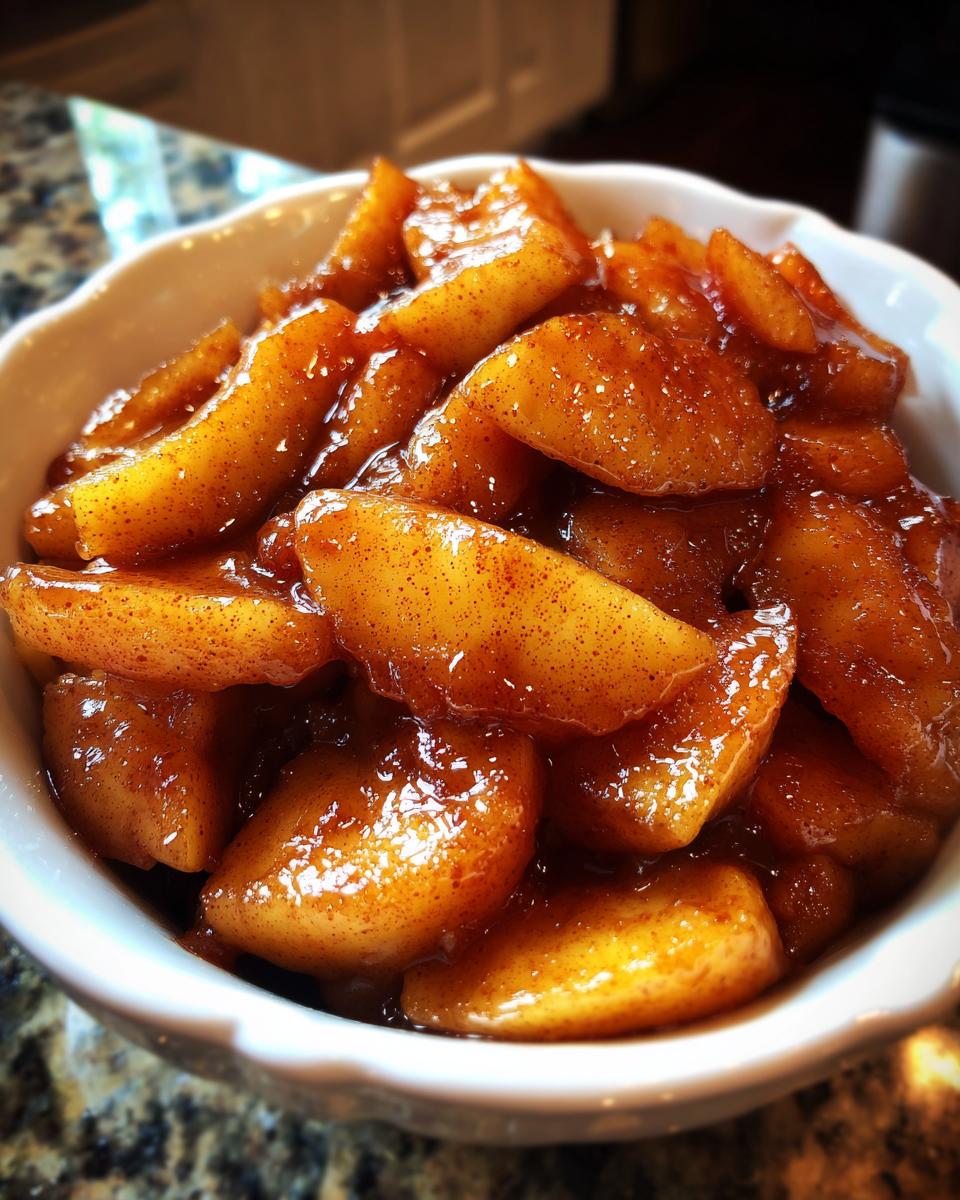 Close-up of thick, glossy apple pie filling slices coated in cinnamon sugar sauce in a white bowl.