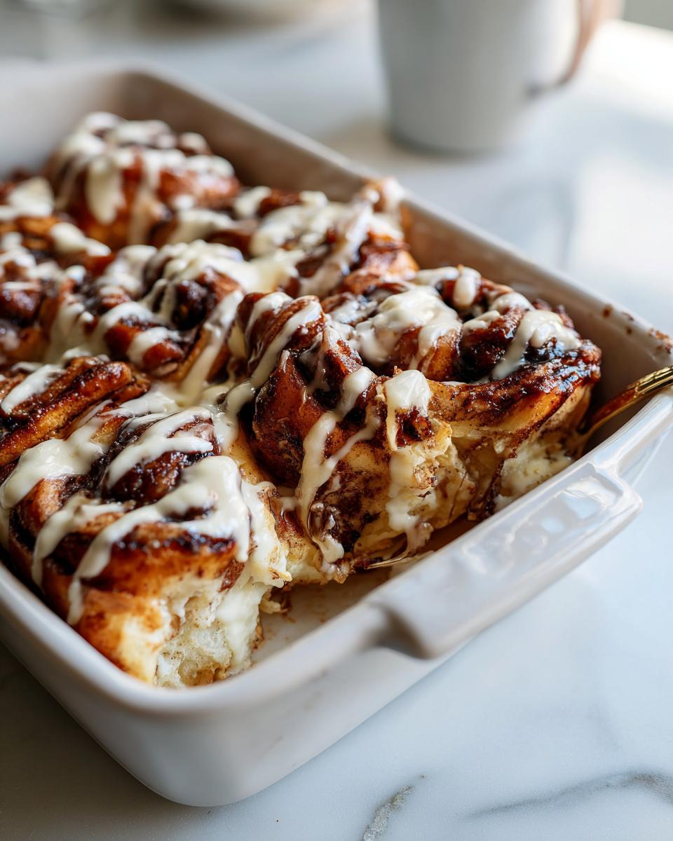 Close-up of a baked cinnamon roll casserole in a white dish, drizzled heavily with white icing.