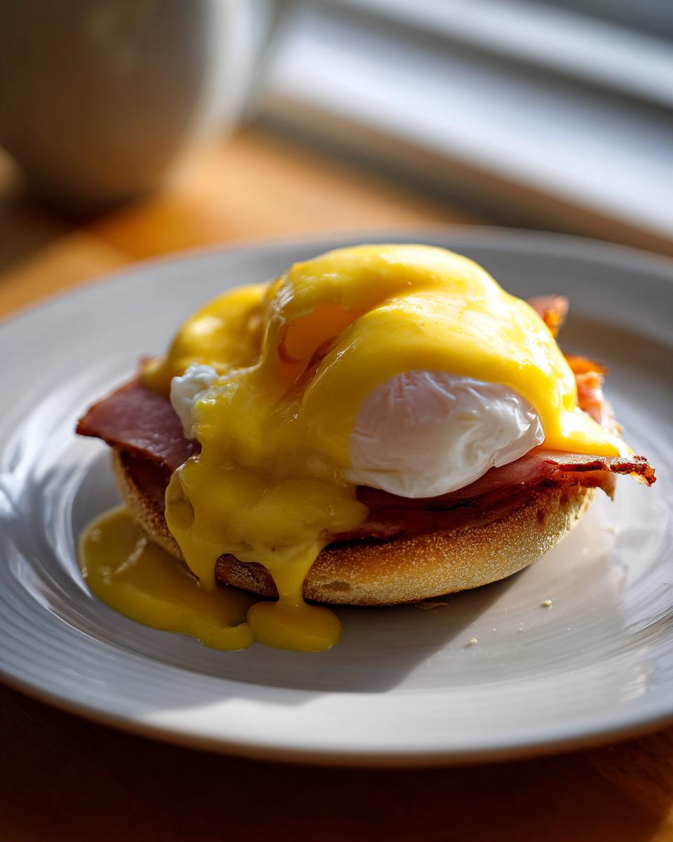 Close-up of a classic eggs benedict featuring a poached egg, ham, and dripping hollandaise sauce on an English muffin.