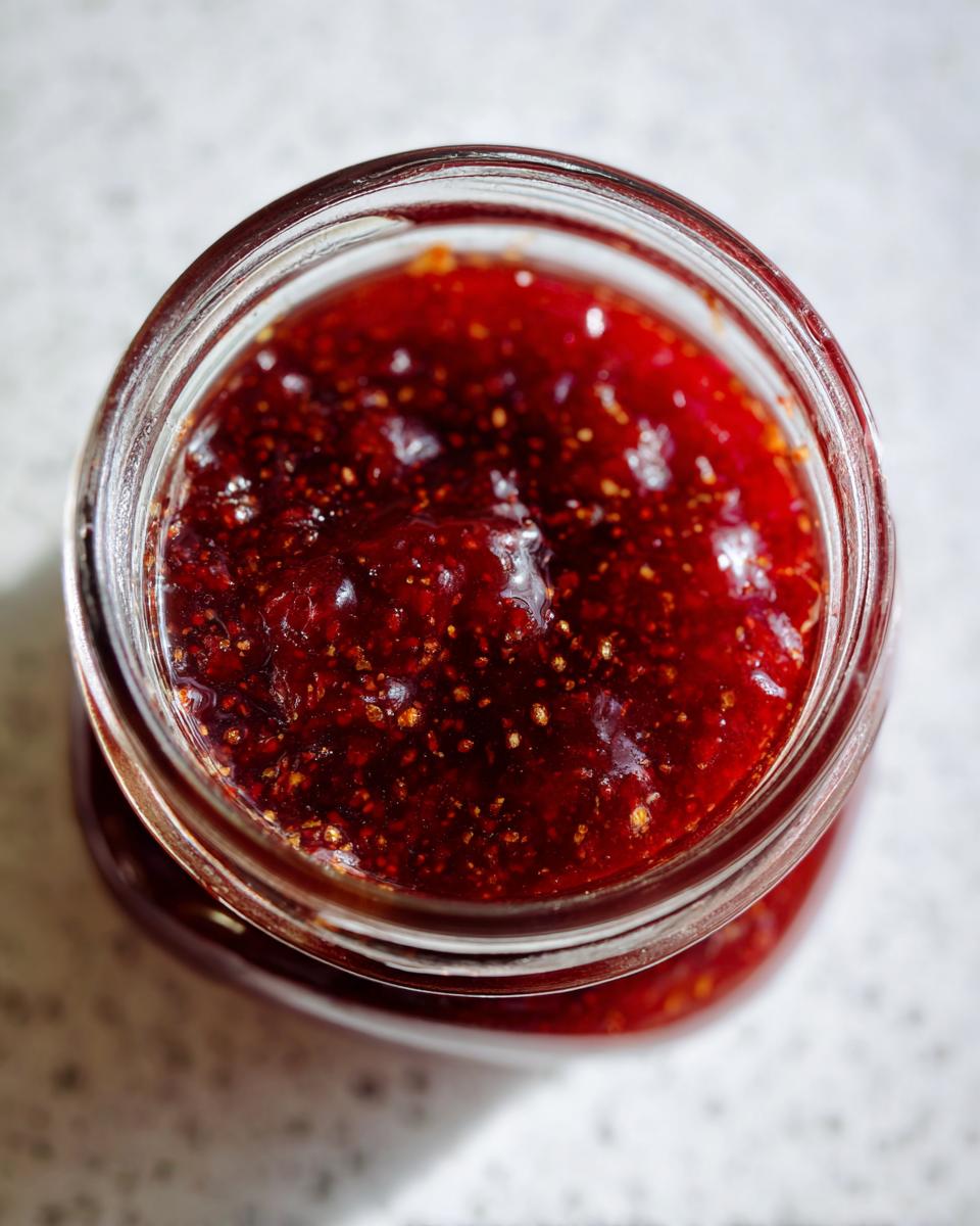 Overhead view of rich, dark red christmas jam with visible seeds inside a clear glass jar.