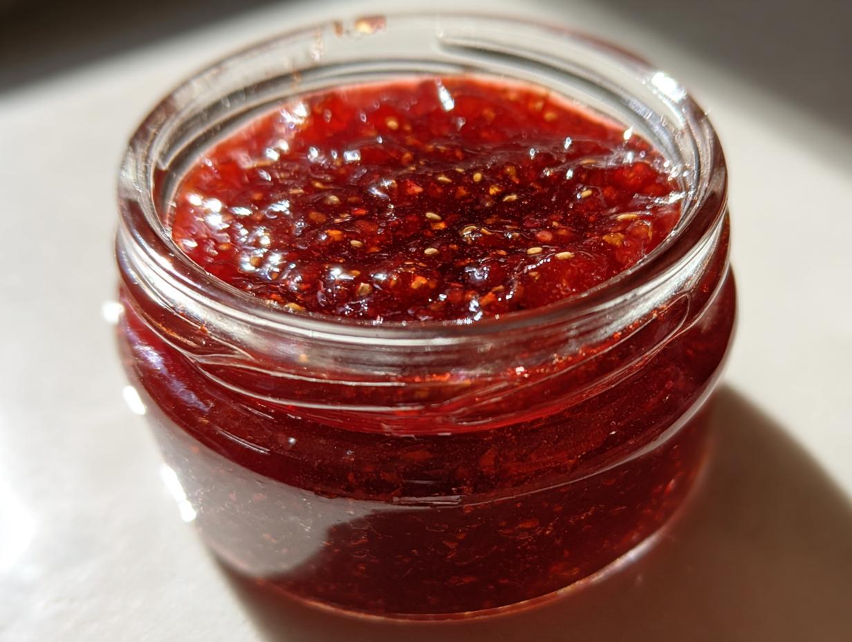 A close-up of glistening, deep red homemade christmas jam filled in a small, clear glass jar.