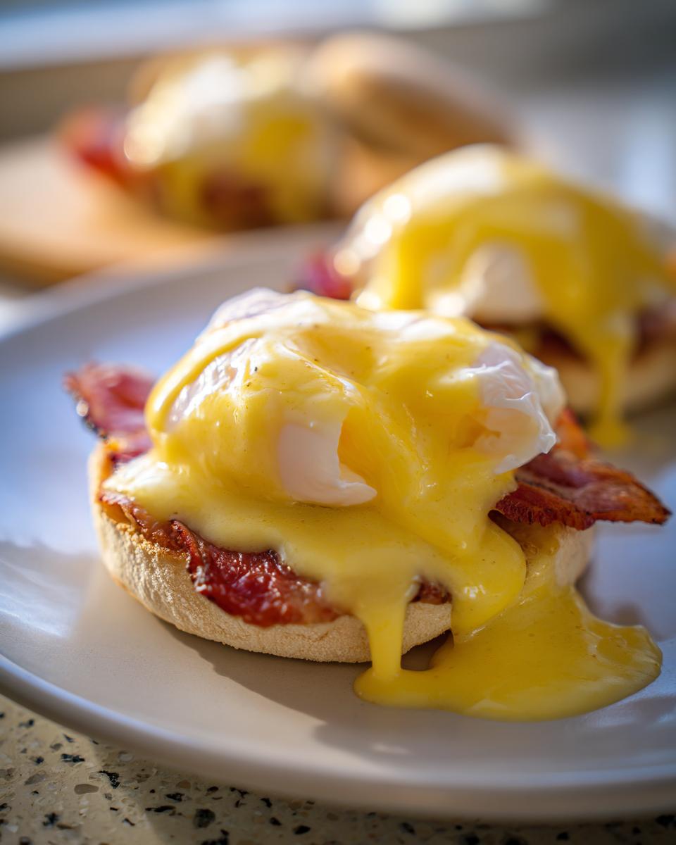 Close-up of perfect eggs benedict featuring a poached egg, bacon, and dripping hollandaise sauce on an English muffin.