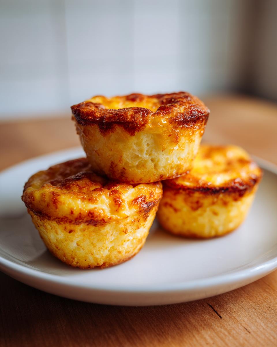 Three golden brown cottage cheese egg cups stacked slightly on a white plate, ready to eat.