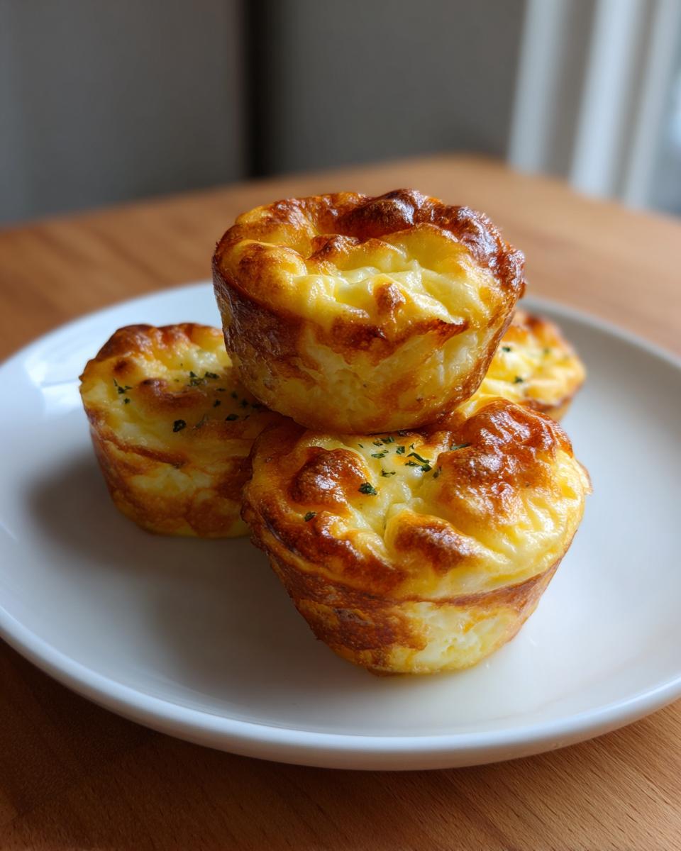 Four golden-brown cottage cheese egg cups stacked slightly on a white plate, perfect for a Starbucks copycat breakfast.