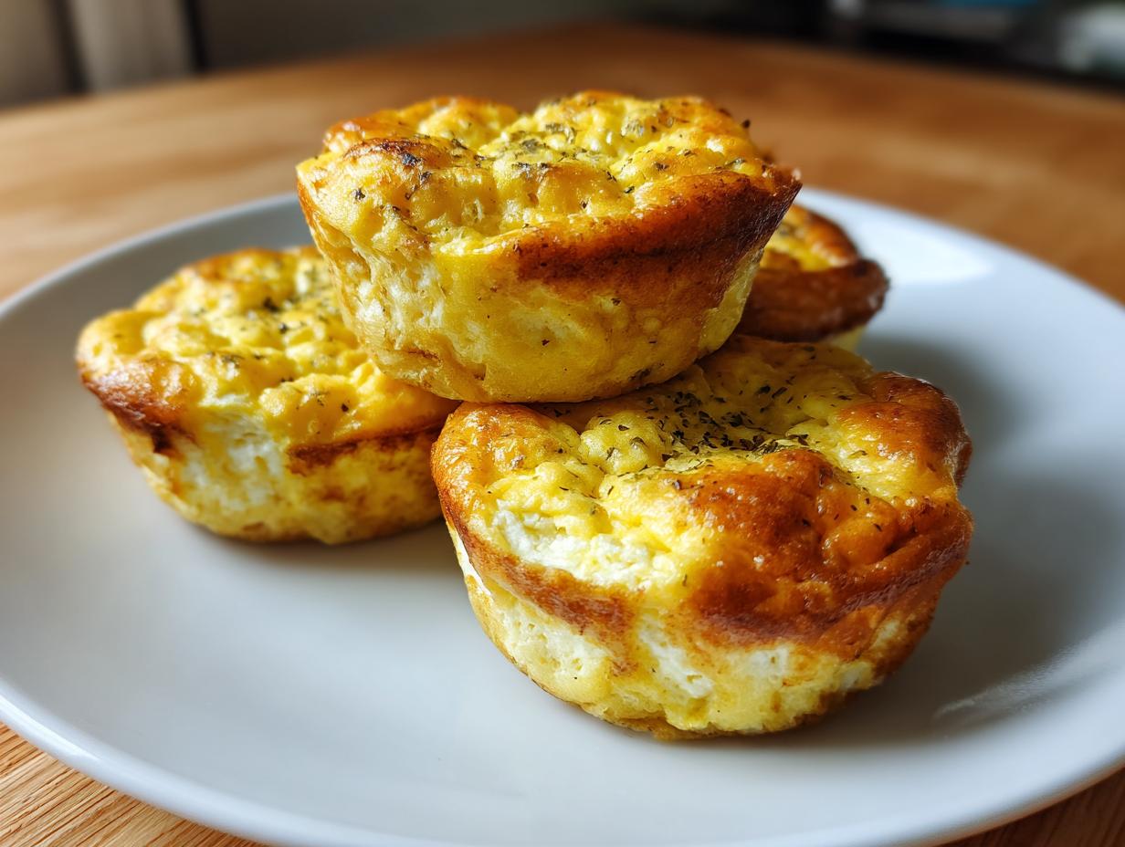 A stack of four golden brown cottage cheese egg cups sprinkled with herbs on a white plate.