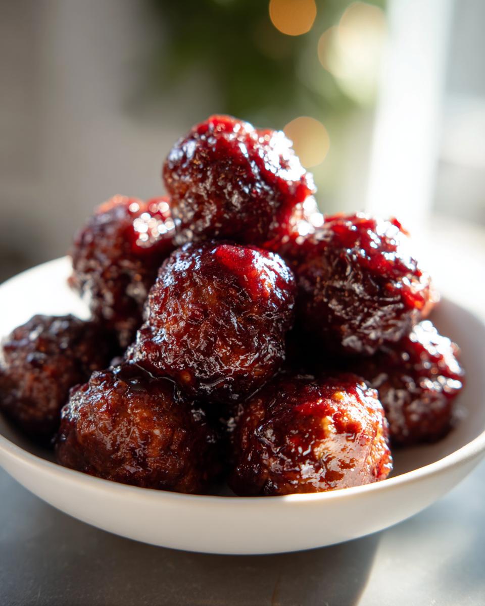 A close-up shot of several glossy, dark red cranberry meatballs piled high in a small white serving bowl.