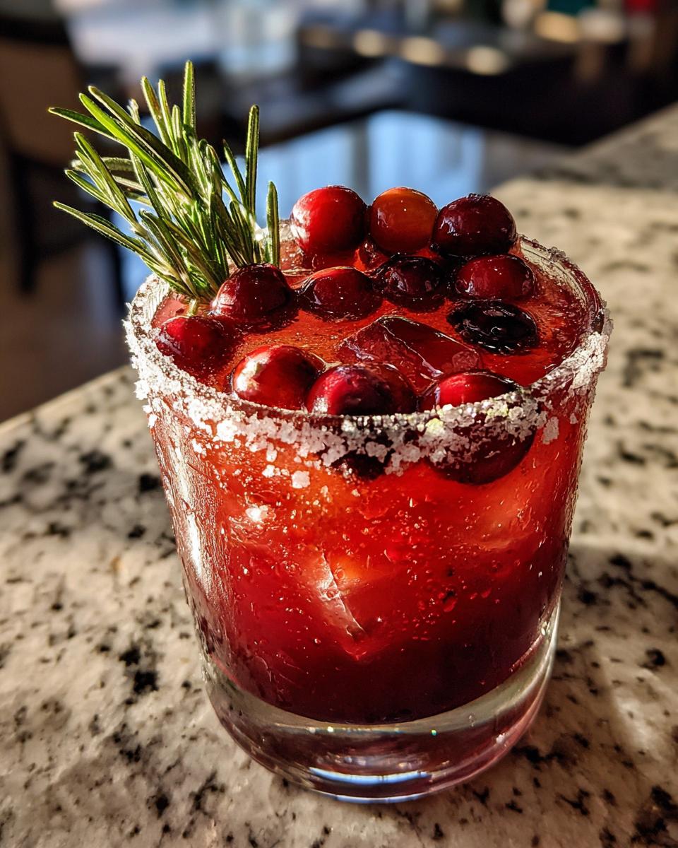 A vibrant cranberry pomegranate margarita with a salted rim, topped with fresh cranberries and a sprig of rosemary.