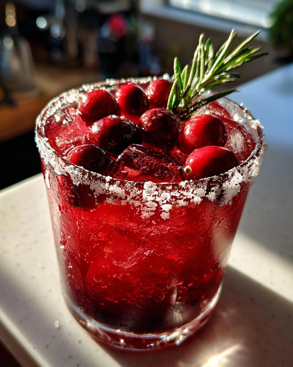 A vibrant red cranberry pomegranate margarita with a salted rim, topped with fresh cranberries and a rosemary sprig.