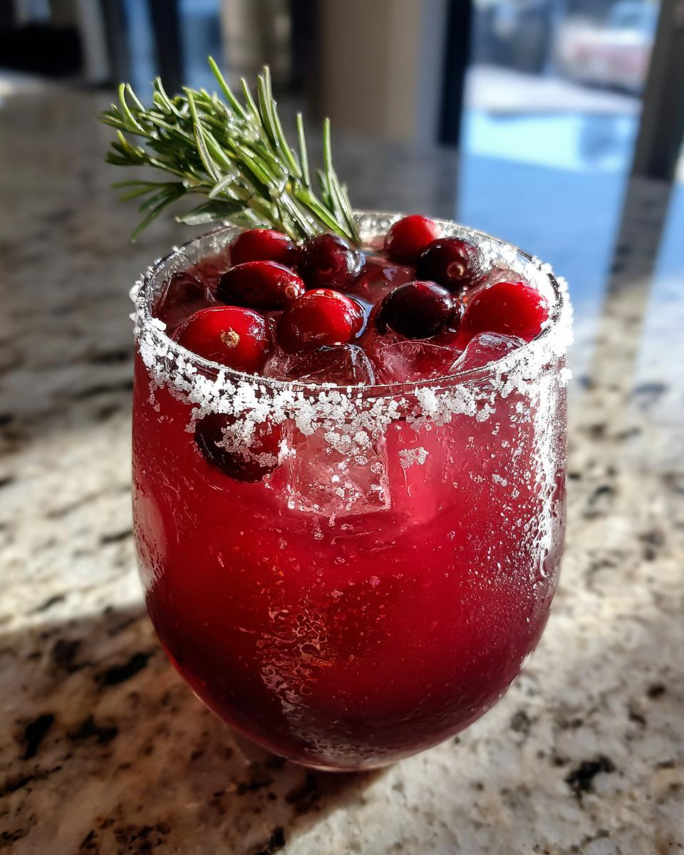 A bright red cranberry pomegranate margarita with a salted rim, topped with fresh cranberries and a sprig of rosemary.