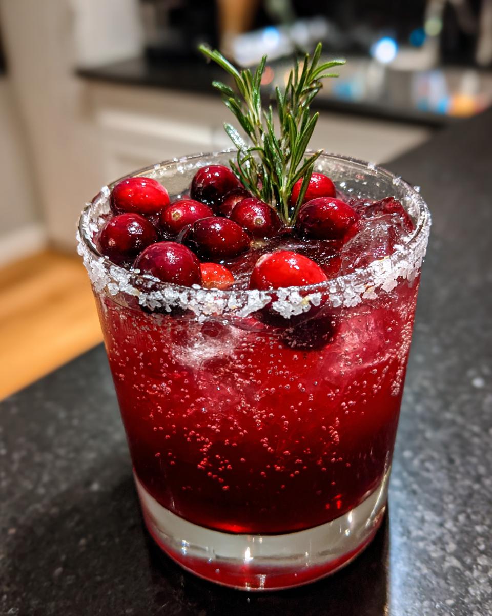 Close-up of a sparkling cranberry pomegranate margarita garnished with fresh cranberries and rosemary.