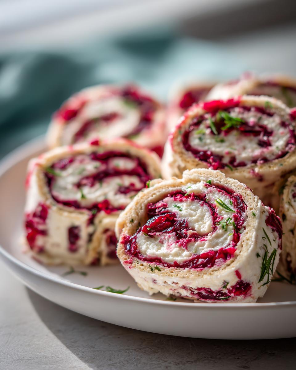 Close-up of sliced cranberry tortilla roll ups filled with cream cheese and herbs, ready to serve.