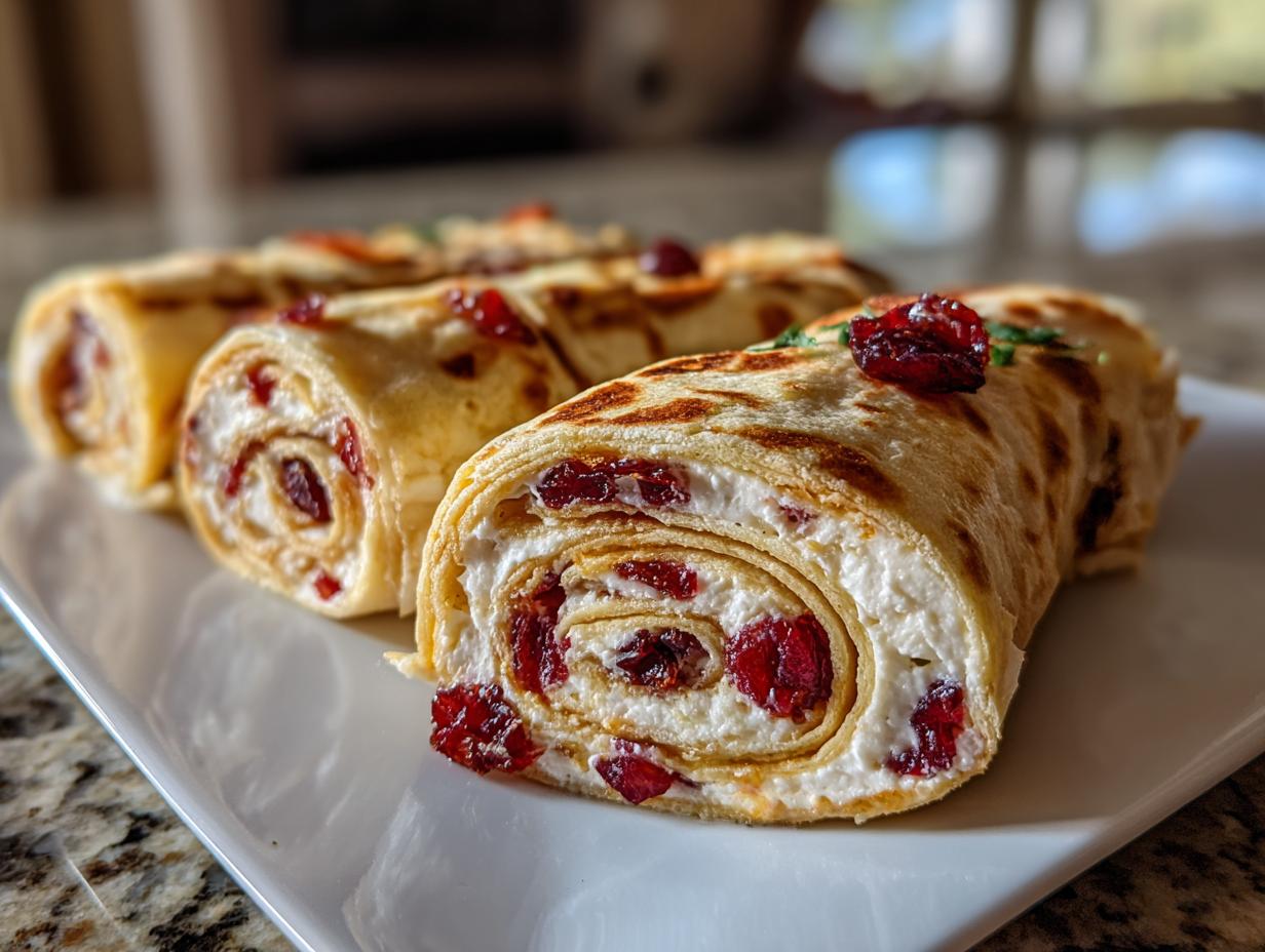 Close-up of sliced cranberry tortilla roll ups filled with cream cheese and dried cranberries, ready to serve.