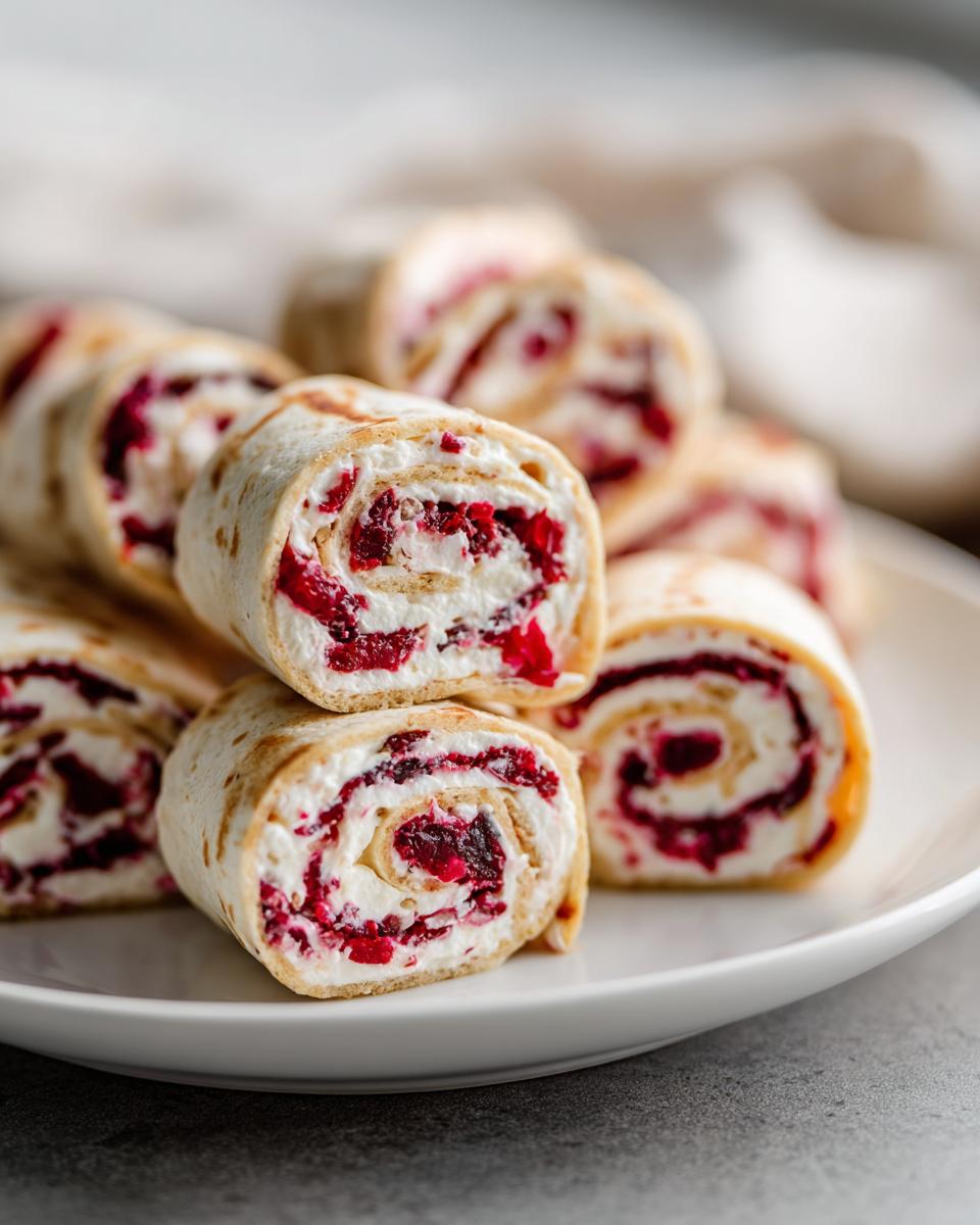 Close-up of several cranberry tortilla roll ups filled with white cream cheese and bright red cranberry filling, stacked on a white plate.