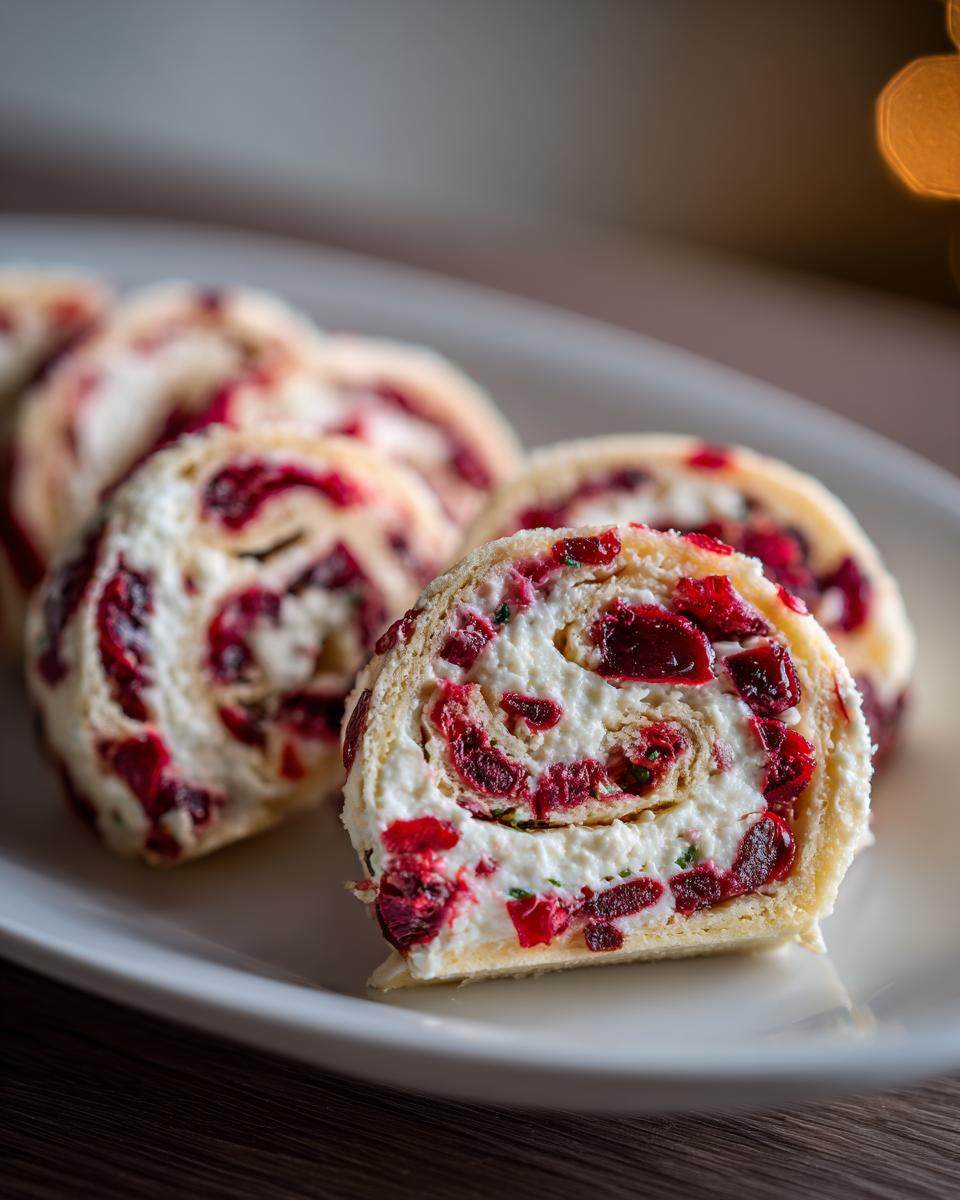 Close-up of sliced cranberry tortilla roll ups showing creamy filling and bright red cranberries.
