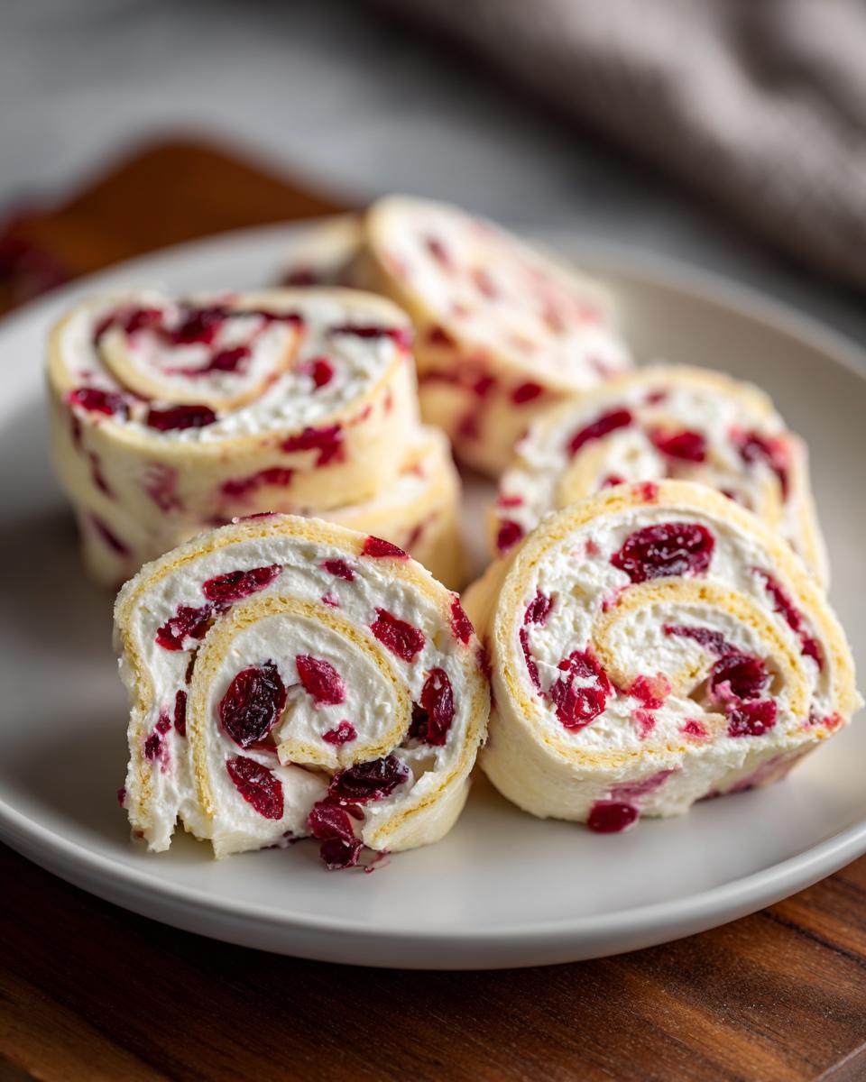 Several slices of cranberry tortilla roll ups featuring cream cheese filling and dried cranberries, arranged on a white plate.