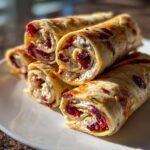 Close-up of stacked cranberry tortilla roll ups filled with cream cheese and dried cranberries, golden brown from cooking.