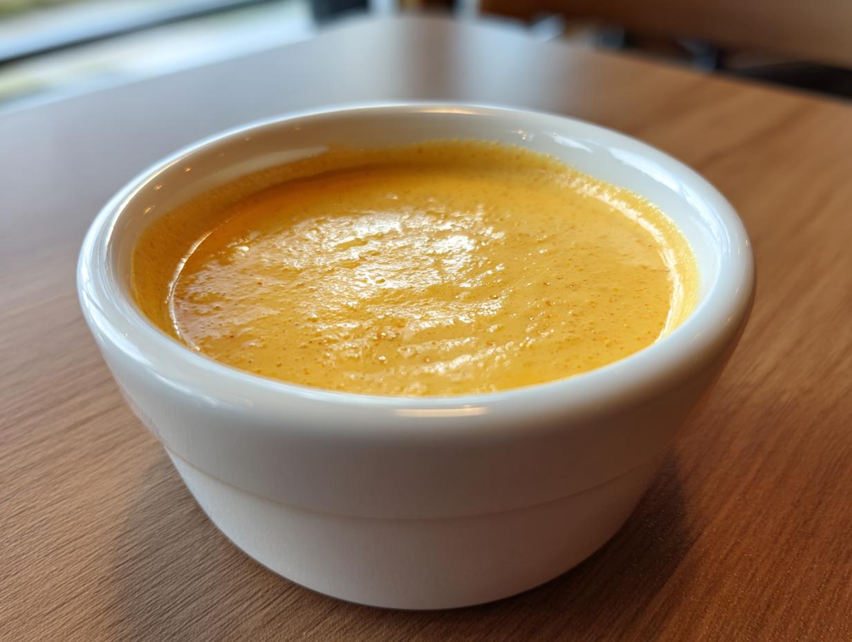 Close-up of smooth, bright orange beer cheese dip served warm in a small white bowl on a wooden table.