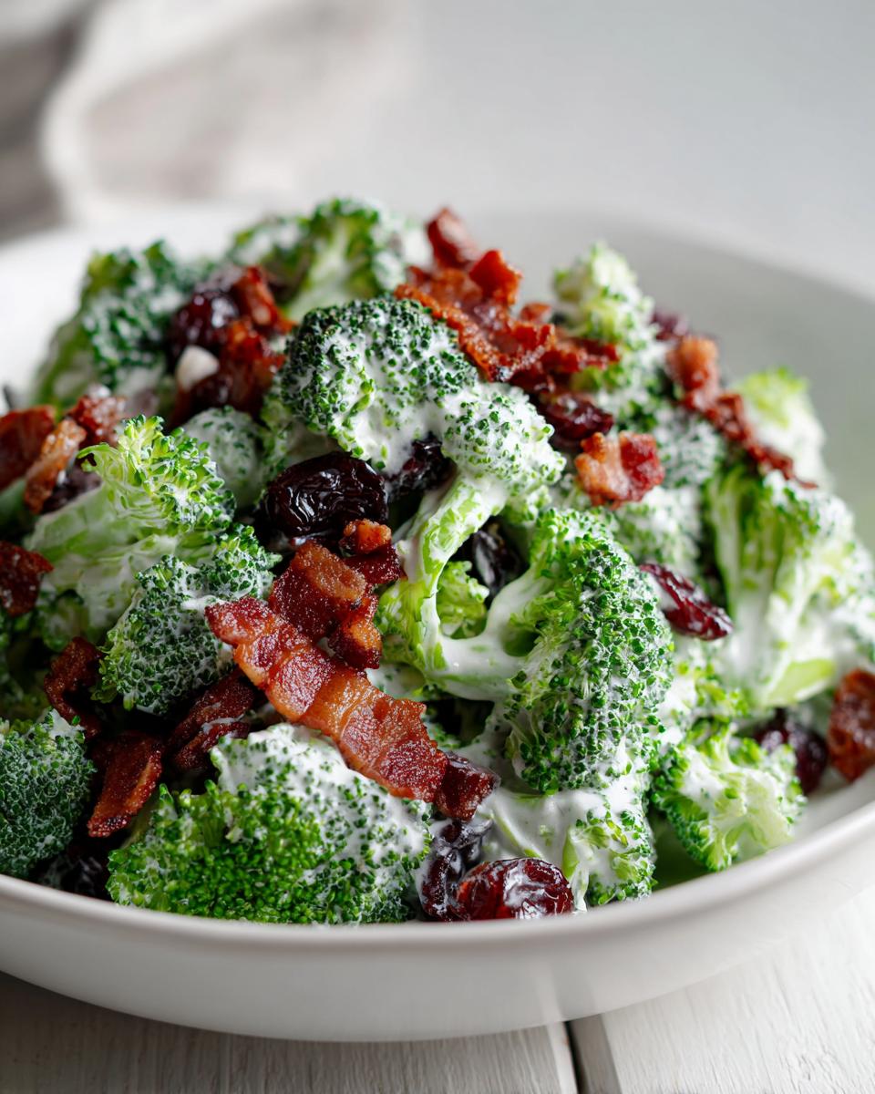 Close-up of creamy broccoli salad featuring fresh broccoli florets, bacon bits, and dried cranberries.
