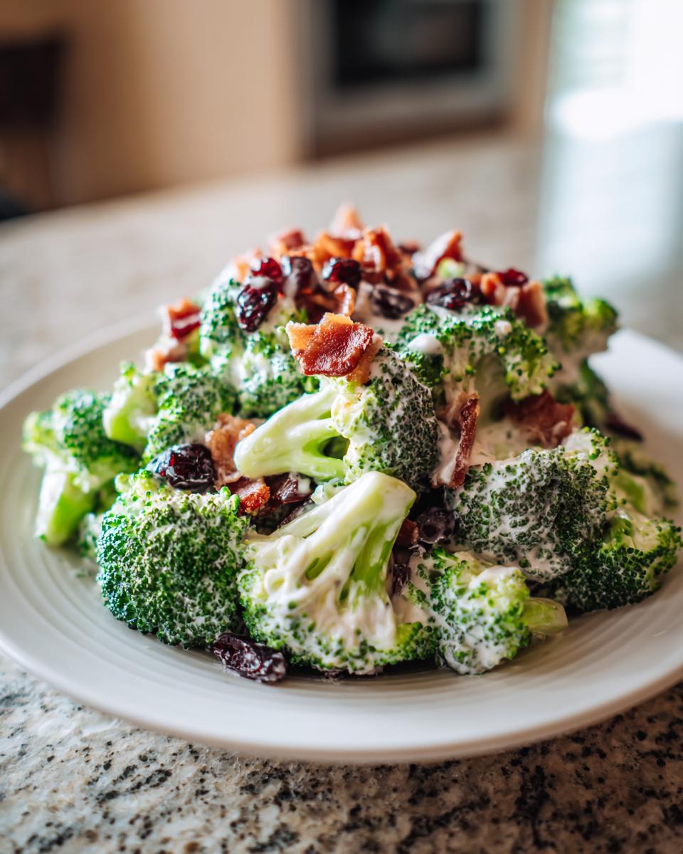 A close-up of creamy broccoli salad mixed with bacon bits and dried cranberries served on a white plate.