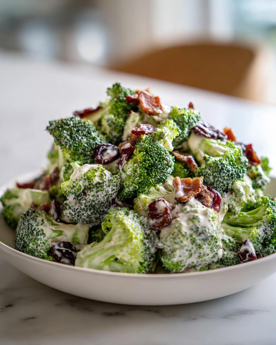 A close-up of creamy broccoli salad mixed with bacon pieces and dried cranberries in a white bowl.