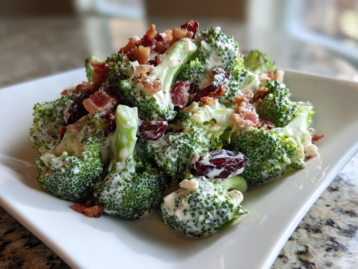 A close-up of creamy broccoli salad featuring fresh florets, bacon bits, and dried cranberries on a white plate.
