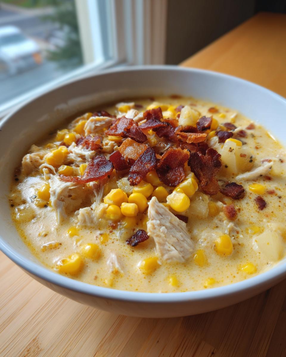A close-up of a bowl of creamy chicken corn chowder loaded with corn, chicken pieces, and crispy bacon bits.