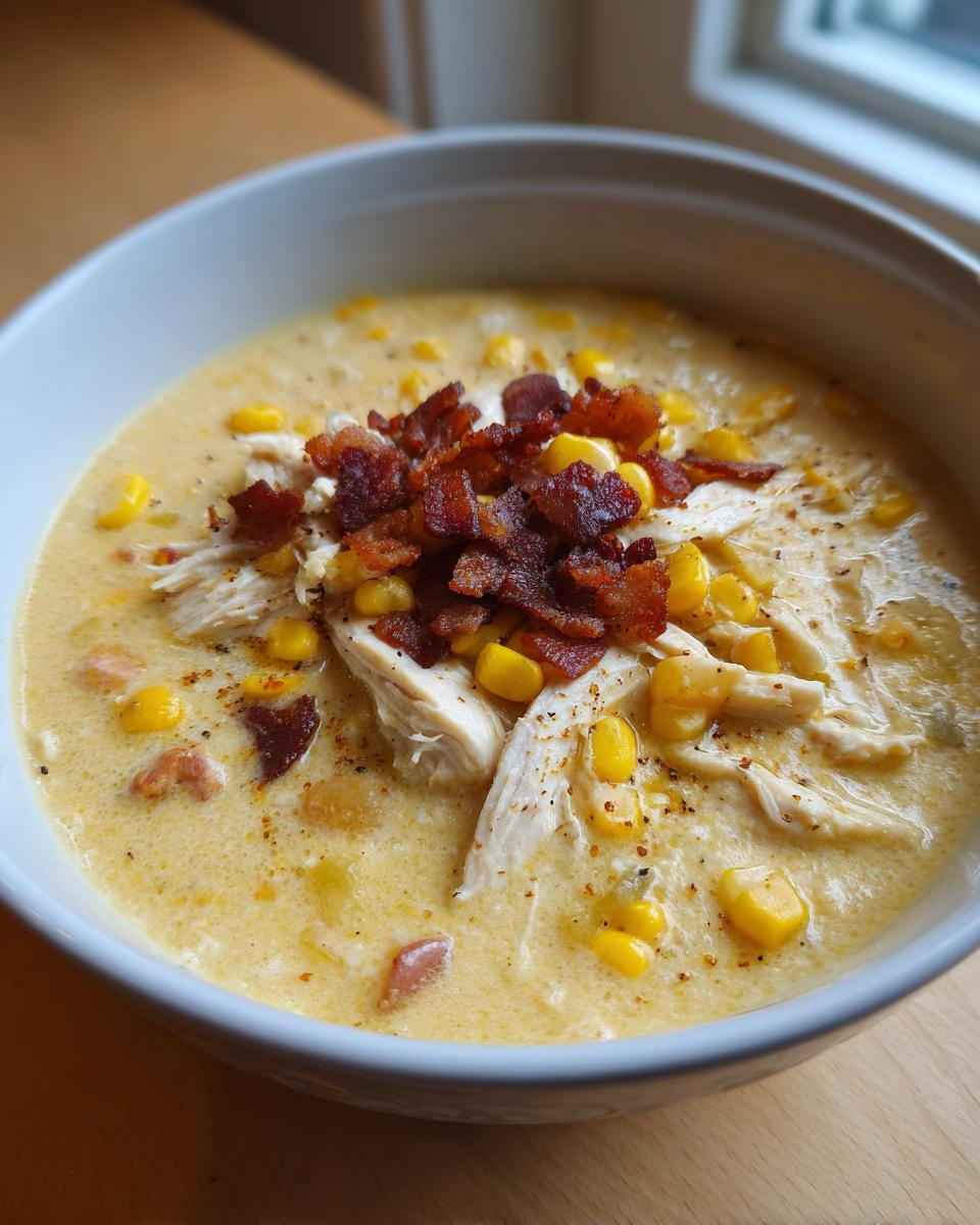 A close-up of a creamy bowl of chicken corn chowder topped with shredded chicken, corn kernels, and crispy bacon bits.