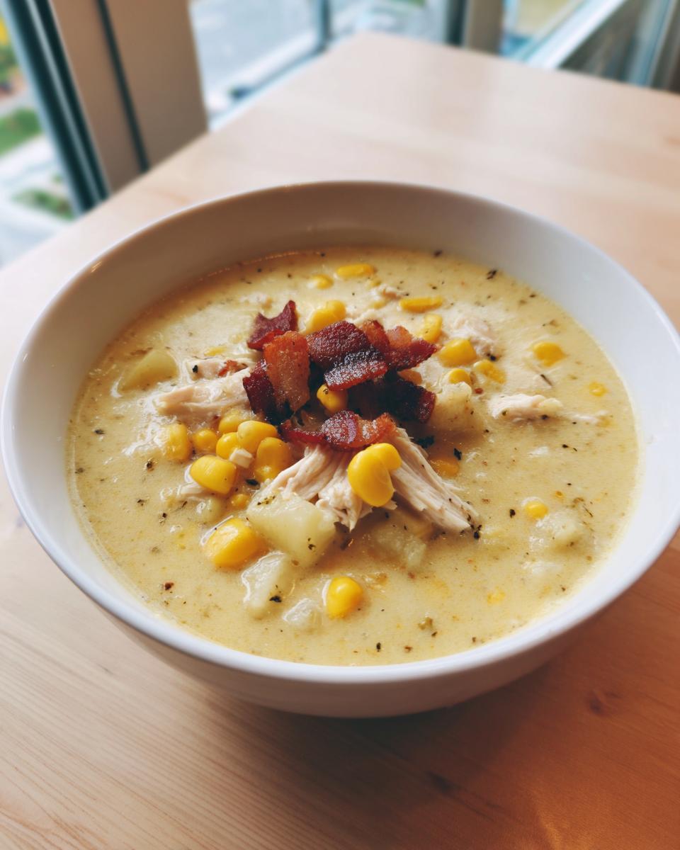 A white bowl filled with creamy chicken corn chowder, topped with shredded chicken, corn kernels, and crispy bacon.