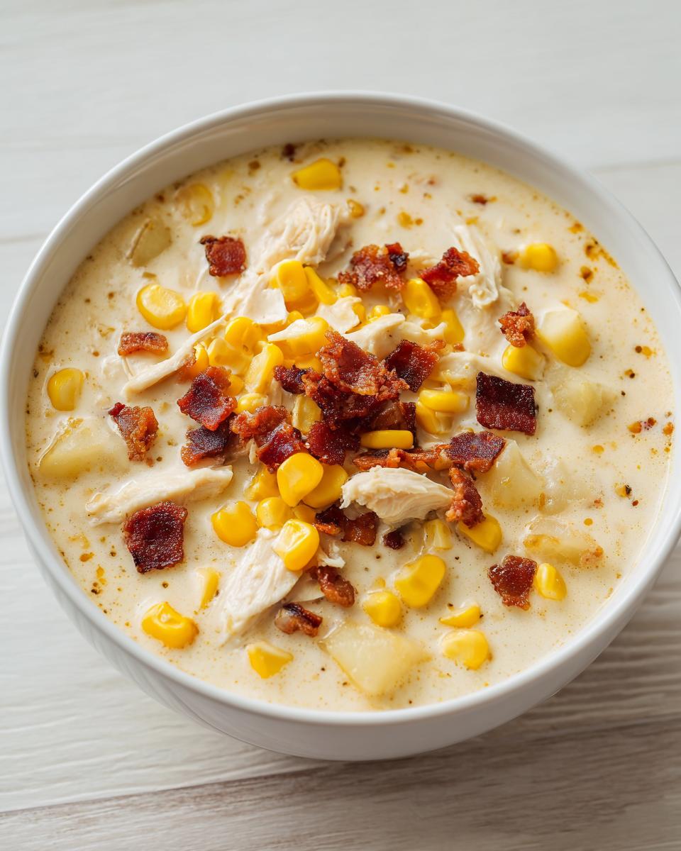 Close-up of a bowl of creamy chicken corn chowder, topped with shredded chicken, corn kernels, and crispy bacon pieces.