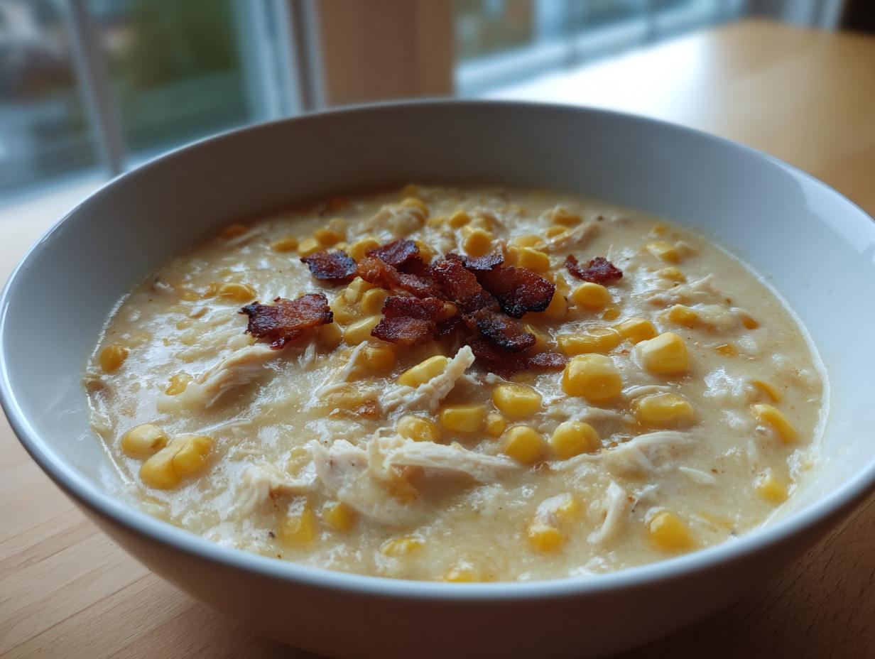 A close-up of a bowl of creamy chicken corn chowder topped with shredded chicken, corn kernels, and crispy bacon bits.