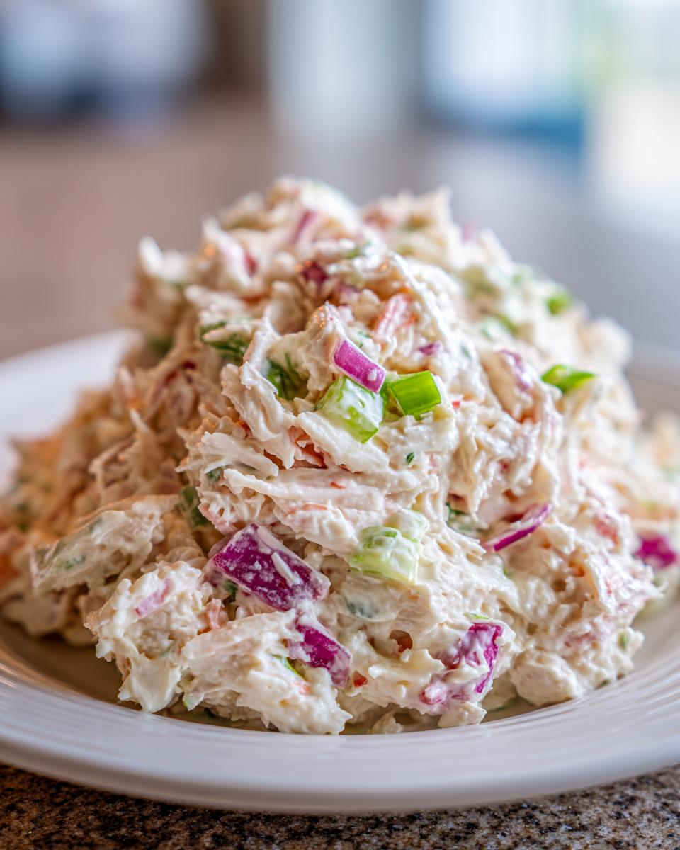 A close-up, appetizing mound of creamy crab salad mixed with visible chunks of red onion and celery.