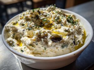 A white bowl filled with creamy, chunky dirty martini dip, topped with olive oil and whole green olives.