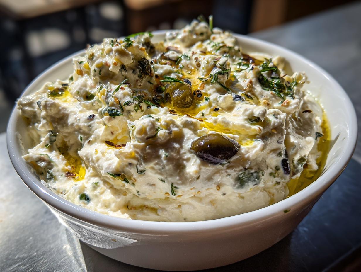 A white bowl filled with creamy, chunky dirty martini dip, topped with olive oil and whole green olives.