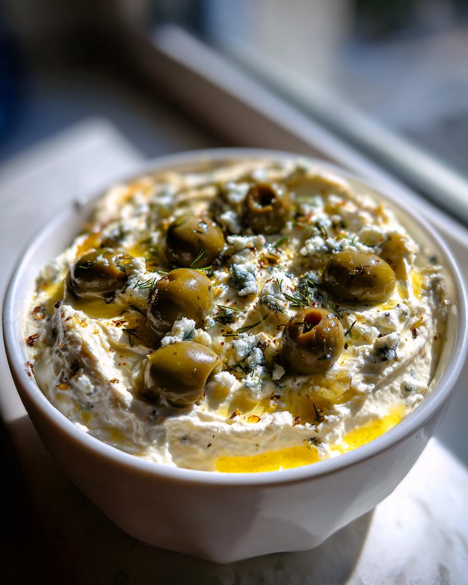 Close-up of a creamy dirty martini dip garnished with green olives, blue cheese crumbles, and olive oil.