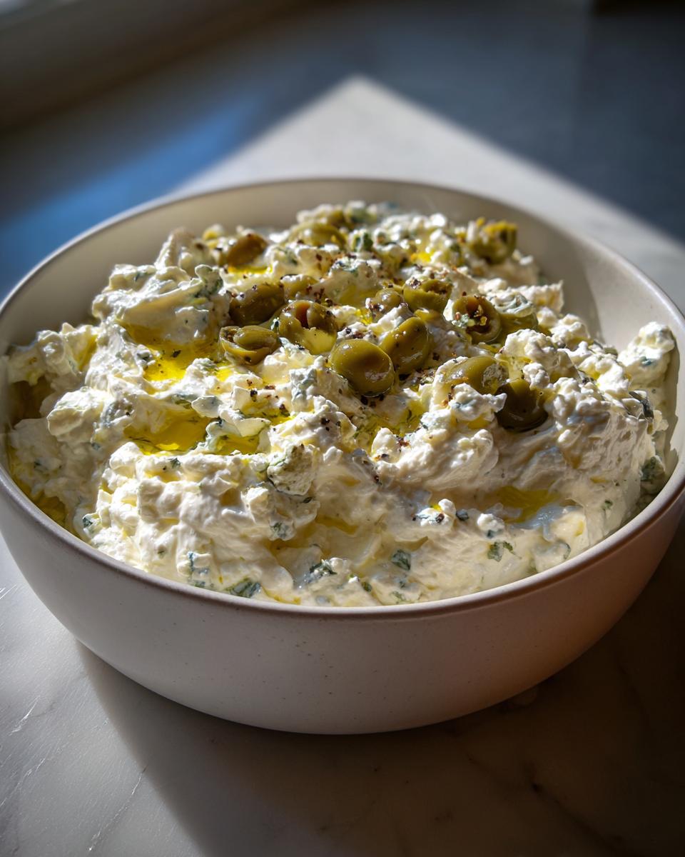 A bowl of creamy, white dirty martini dip topped with sliced green olives and drizzled with olive oil.