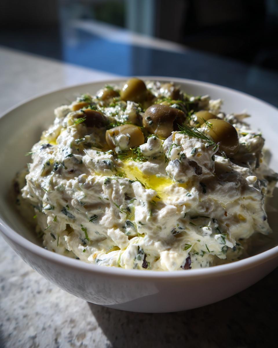 Close-up of creamy dirty martini dip topped with green olives, herbs, and olive oil drizzle.