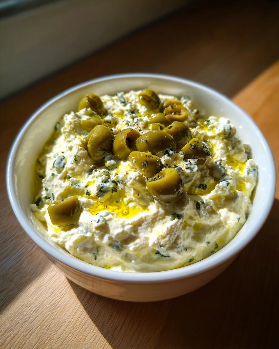 A white bowl filled with creamy dirty martini dip, topped with sliced green olives and olive oil.