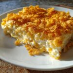 A close-up serving of creamy funeral potatoes recipe topped generously with crunchy, golden corn flakes.