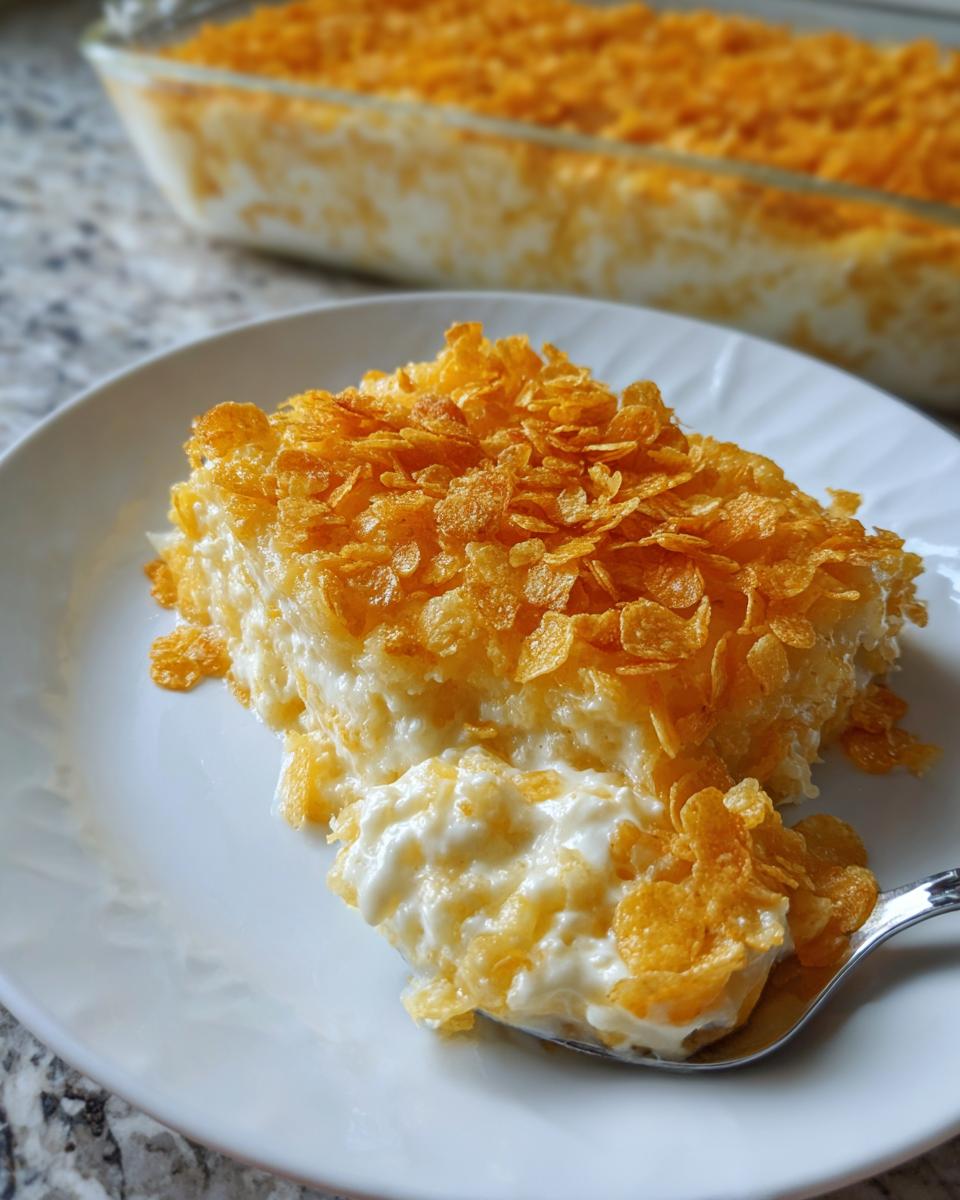 A spoonful of creamy funeral potatoes recipe topped with golden, crunchy cornflakes is lifted from a serving on a white plate.